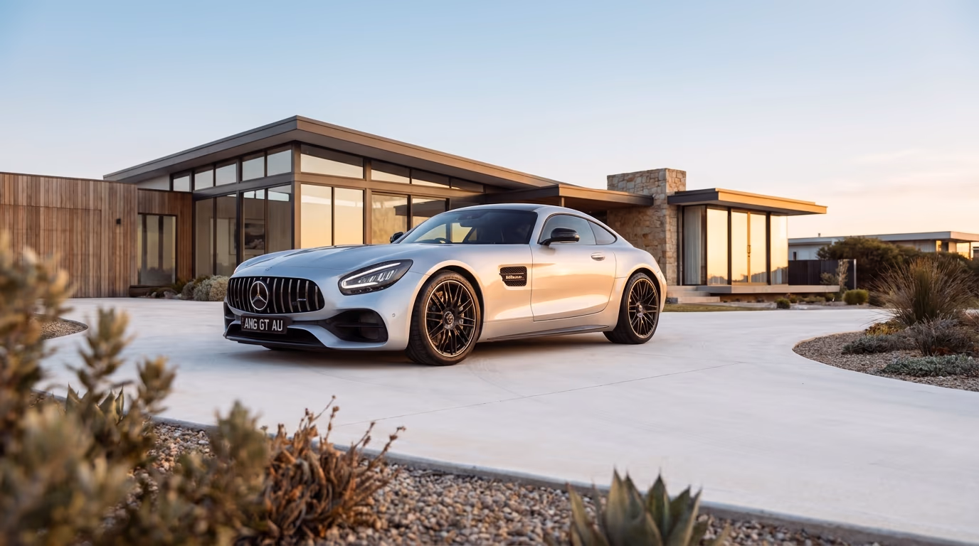 Mercedes-AMG GT outside a modern home