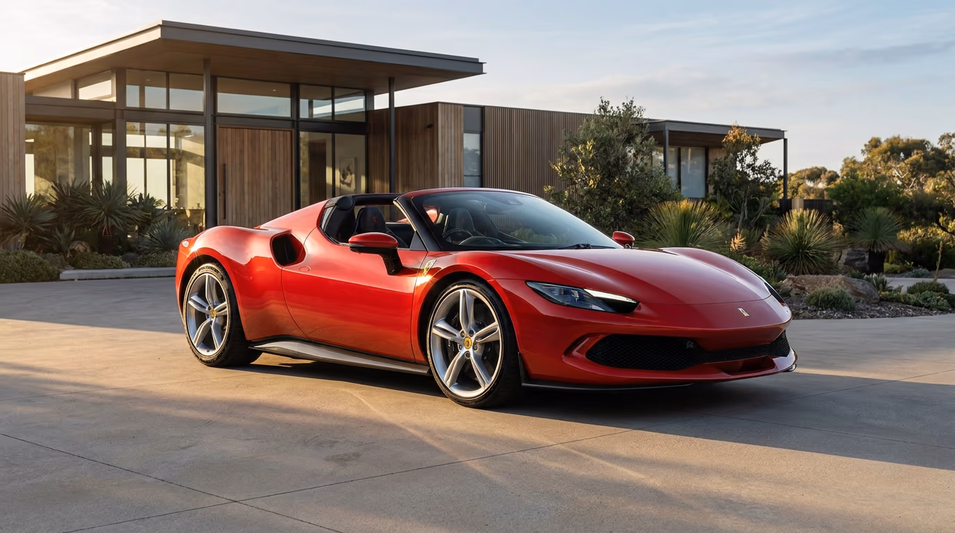 Ferrari 296 GTS parked outside a modern home — the model insured on this page
