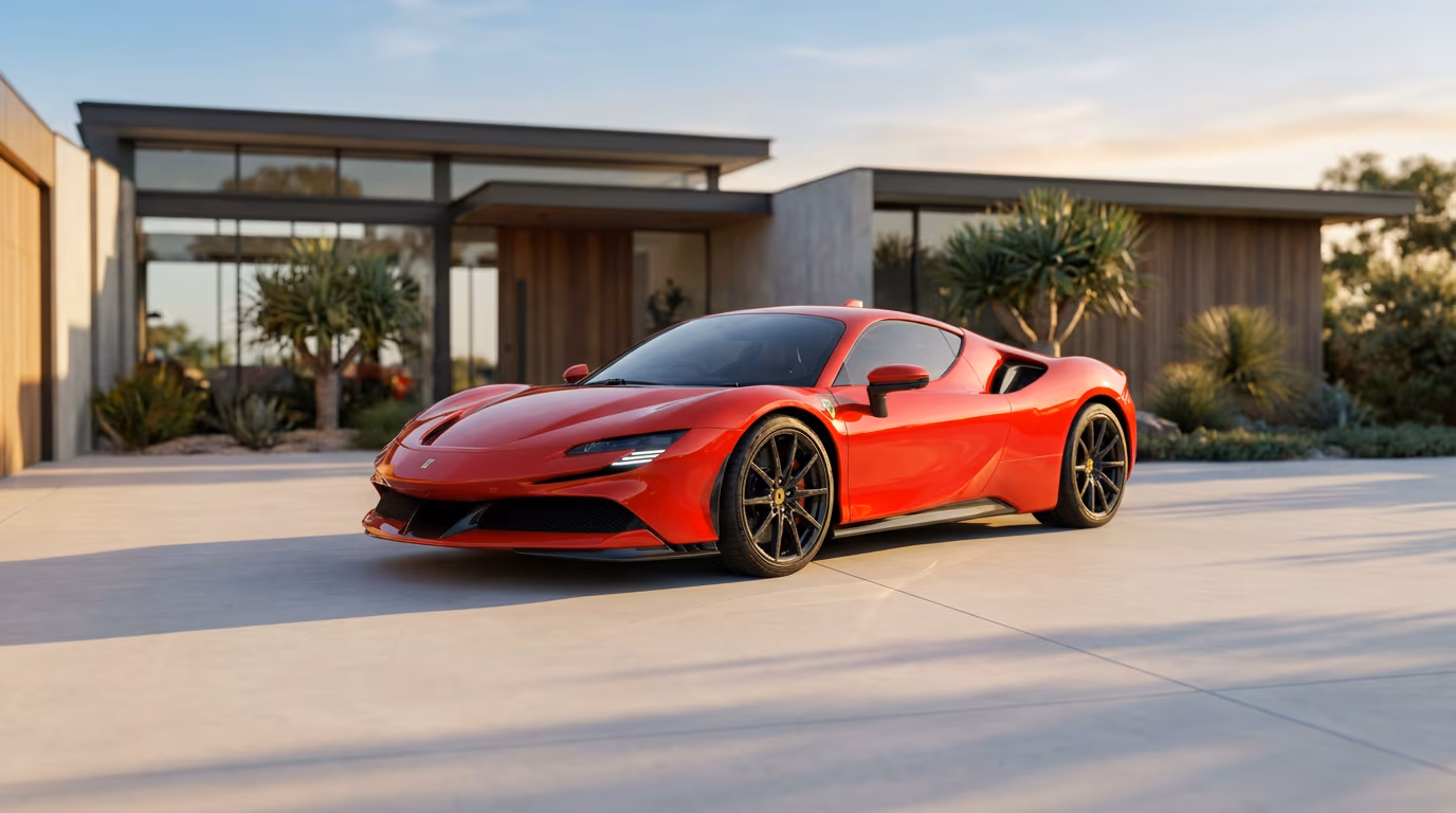 Ferrari SF90 Stradale outside a modern home